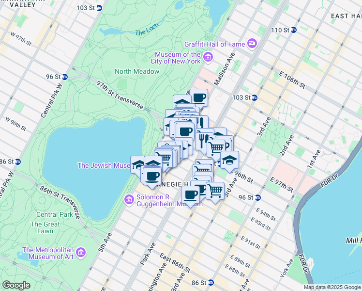 map of restaurants, bars, coffee shops, grocery stores, and more near 40 East 96th Street in New York
