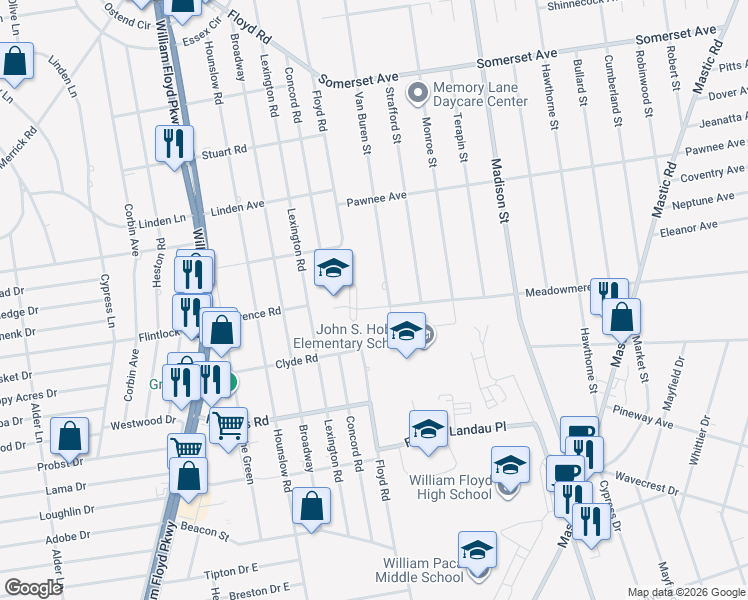 map of restaurants, bars, coffee shops, grocery stores, and more near 2 Meadowmere Avenue in Mastic