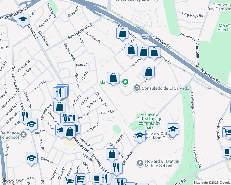 map of restaurants, bars, coffee shops, grocery stores, and more near 67 Beaumont Drive in Plainview