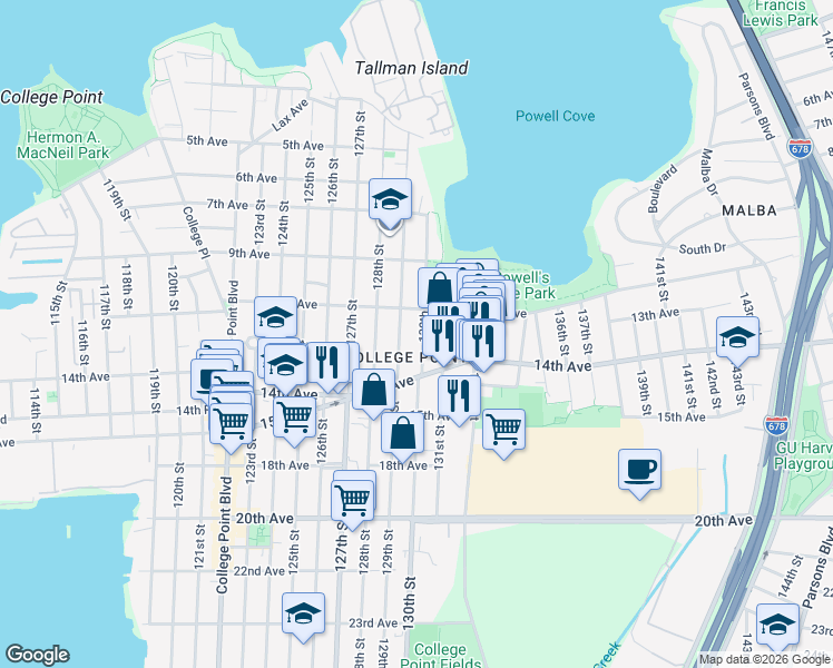 map of restaurants, bars, coffee shops, grocery stores, and more near 11-51 129th Street in Queens