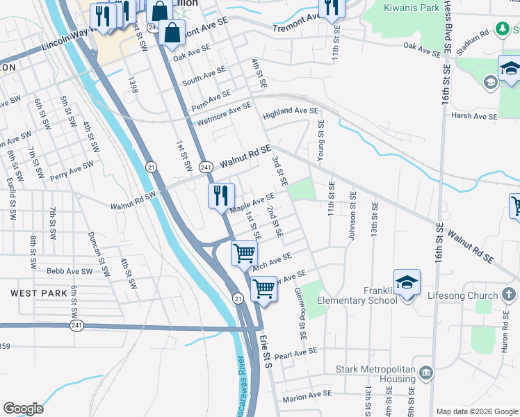 map of restaurants, bars, coffee shops, grocery stores, and more near 116 Edwin Avenue Southeast in Massillon