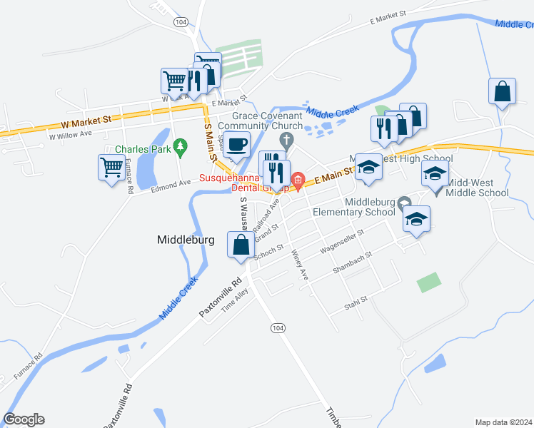 map of restaurants, bars, coffee shops, grocery stores, and more near Railroad Avenue in Middleburg