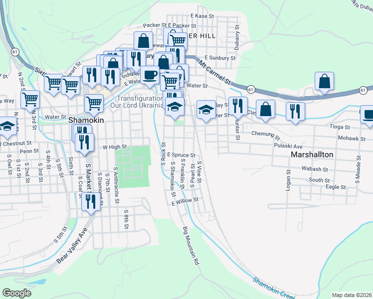 map of restaurants, bars, coffee shops, grocery stores, and more near 109 South Pearl Street in Shamokin