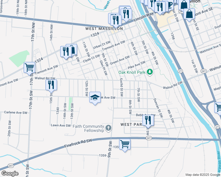 map of restaurants, bars, coffee shops, grocery stores, and more near 816 9th Street Southwest in Massillon