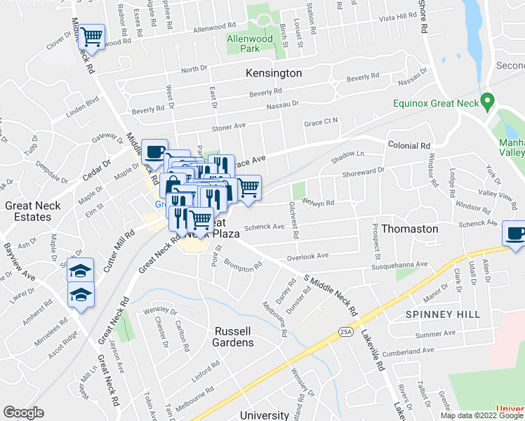 map of restaurants, bars, coffee shops, grocery stores, and more near 15 Schenck Avenue in Great Neck