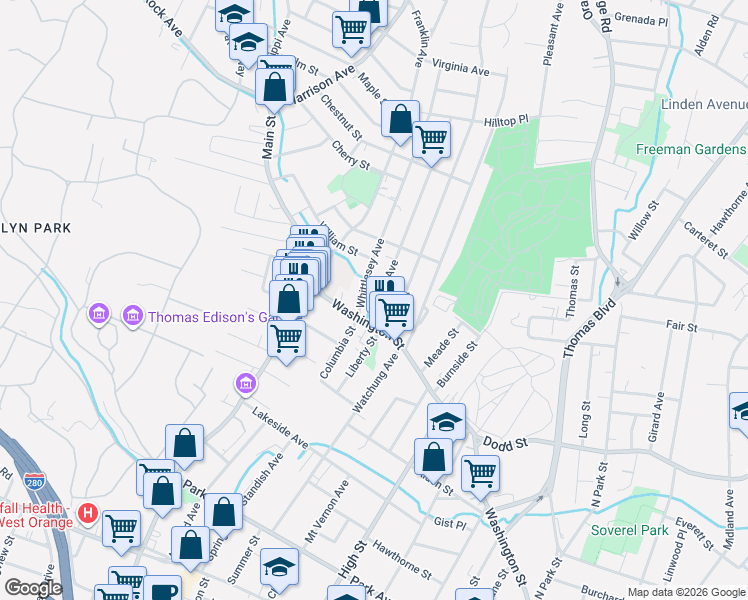 map of restaurants, bars, coffee shops, grocery stores, and more near 61 Washington Street in West Orange
