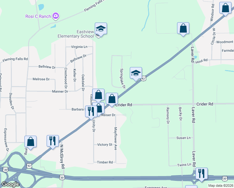 map of restaurants, bars, coffee shops, grocery stores, and more near 1537 Ashland Road in Mansfield