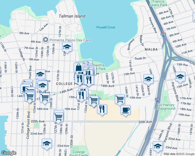 map of restaurants, bars, coffee shops, grocery stores, and more near 13-33 133rd Place in Queens