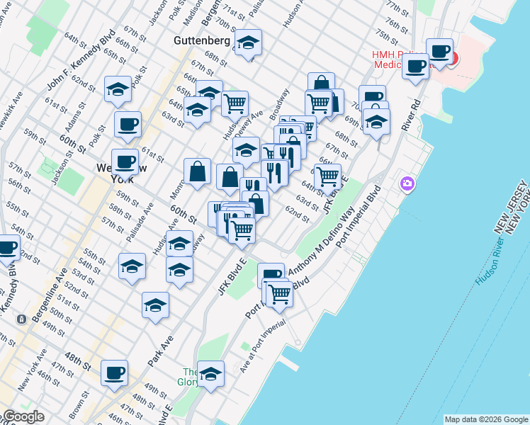 map of restaurants, bars, coffee shops, grocery stores, and more near 6100 Monitor Place in West New York
