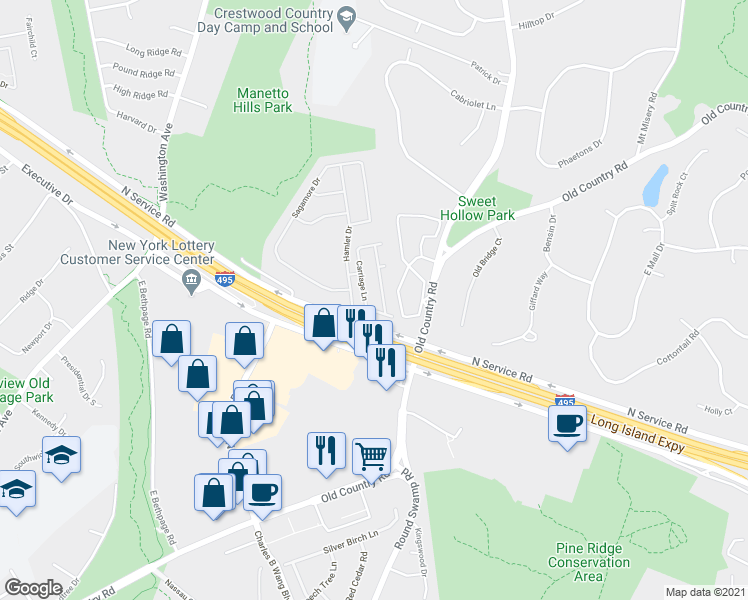 map of restaurants, bars, coffee shops, grocery stores, and more near 90 Carriage Lane in Plainview