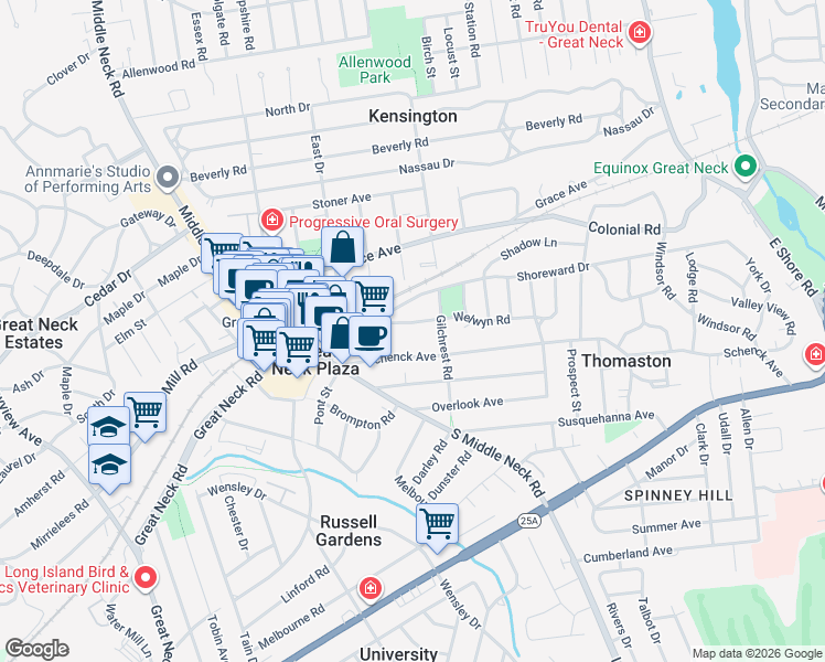 map of restaurants, bars, coffee shops, grocery stores, and more near 21 Schenck Avenue in Great Neck Plaza
