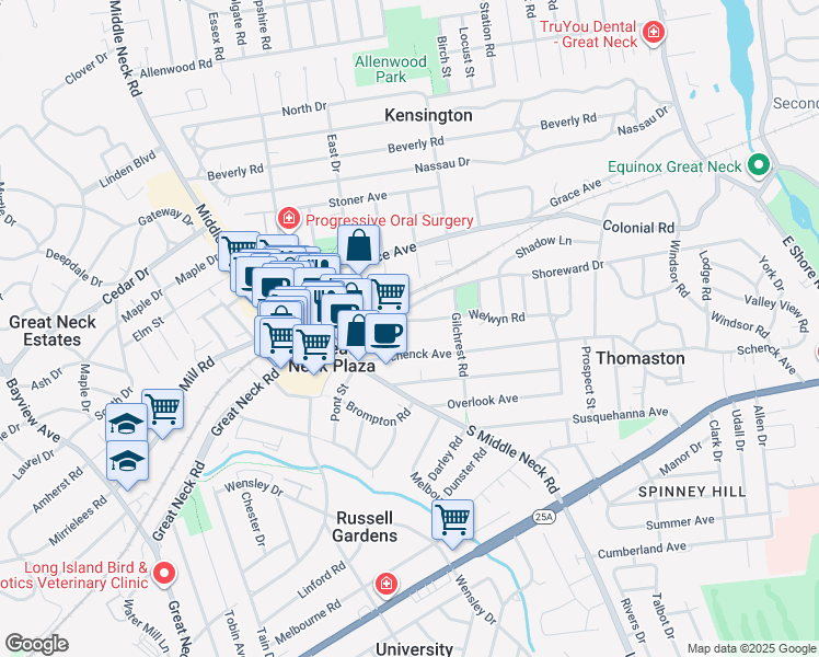 map of restaurants, bars, coffee shops, grocery stores, and more near 15 Schenck Avenue in Great Neck