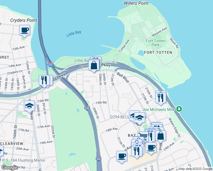map of restaurants, bars, coffee shops, grocery stores, and more near 4 209th Street in Queens
