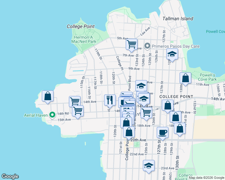 map of restaurants, bars, coffee shops, grocery stores, and more near 12-38 120th Street in Queens
