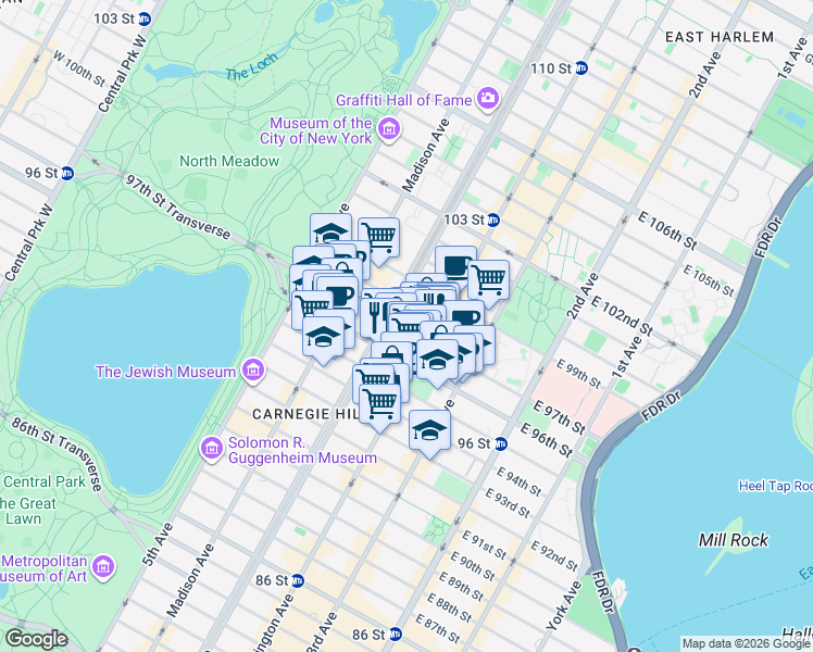 map of restaurants, bars, coffee shops, grocery stores, and more near in New York