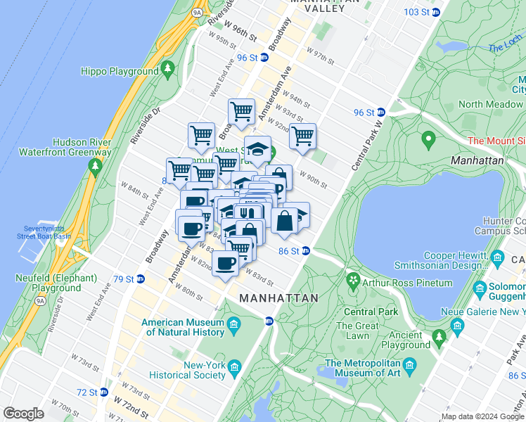 map of restaurants, bars, coffee shops, grocery stores, and more near 102 West 85th Street in New York