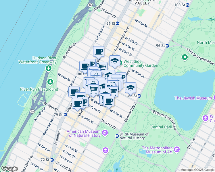 map of restaurants, bars, coffee shops, grocery stores, and more near 315 West 87th Street in New York