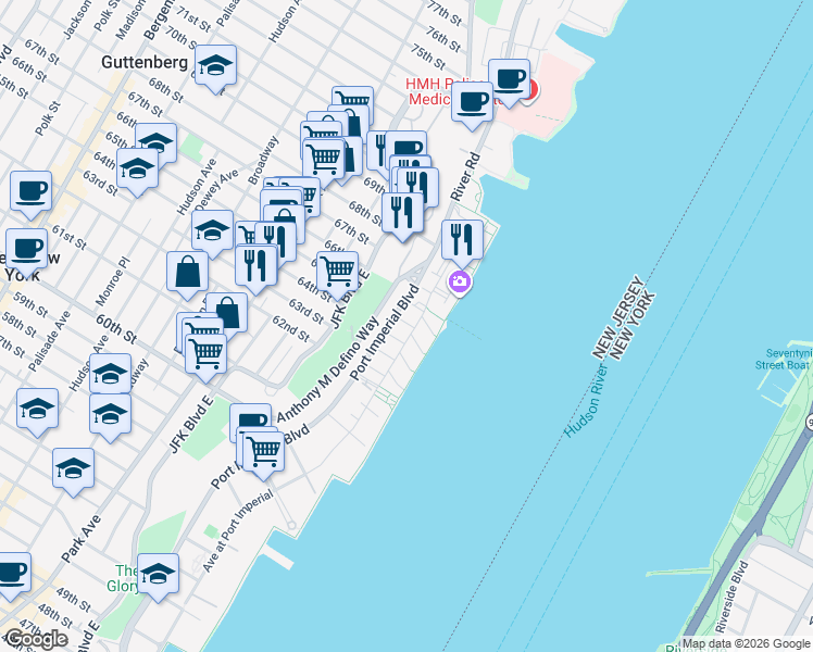 map of restaurants, bars, coffee shops, grocery stores, and more near in West New York