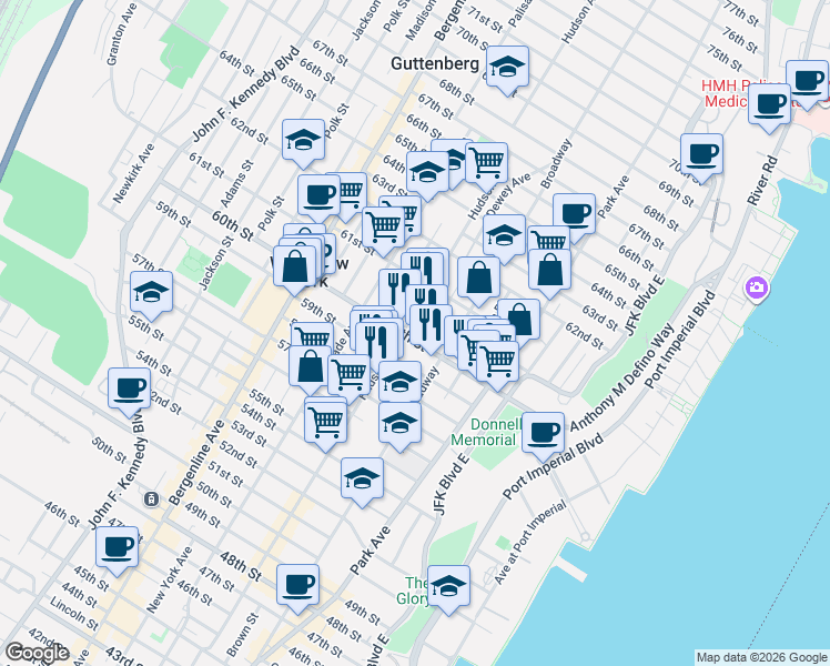 map of restaurants, bars, coffee shops, grocery stores, and more near 209 60th Street in West New York