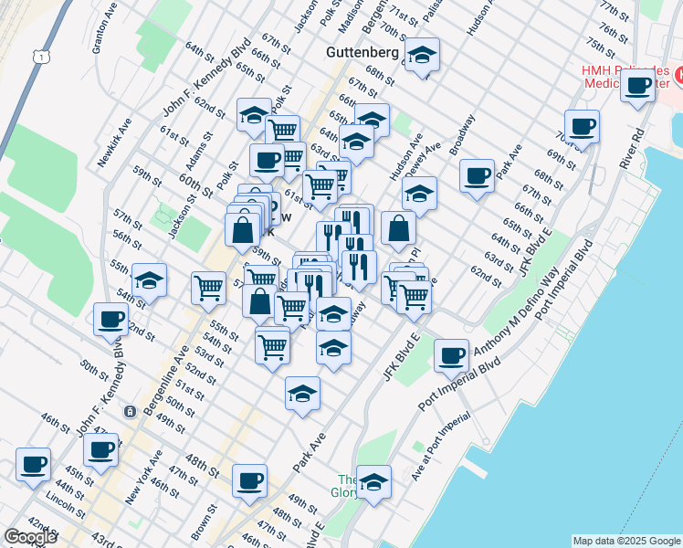 map of restaurants, bars, coffee shops, grocery stores, and more near 5900 Hudson Avenue in West New York
