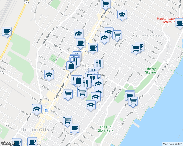 map of restaurants, bars, coffee shops, grocery stores, and more near 324 58th Street in West New York