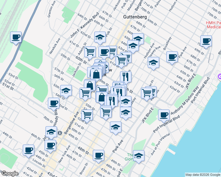map of restaurants, bars, coffee shops, grocery stores, and more near 324 58th Street in West New York
