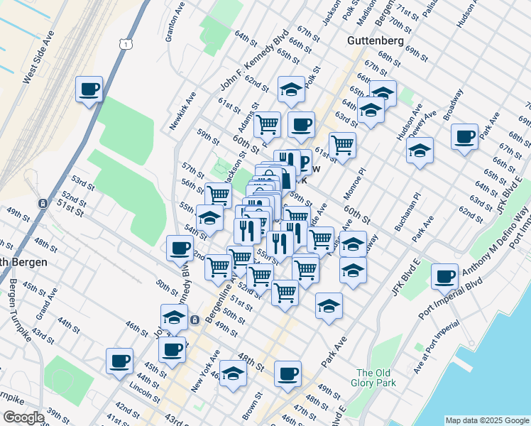 map of restaurants, bars, coffee shops, grocery stores, and more near in West New York