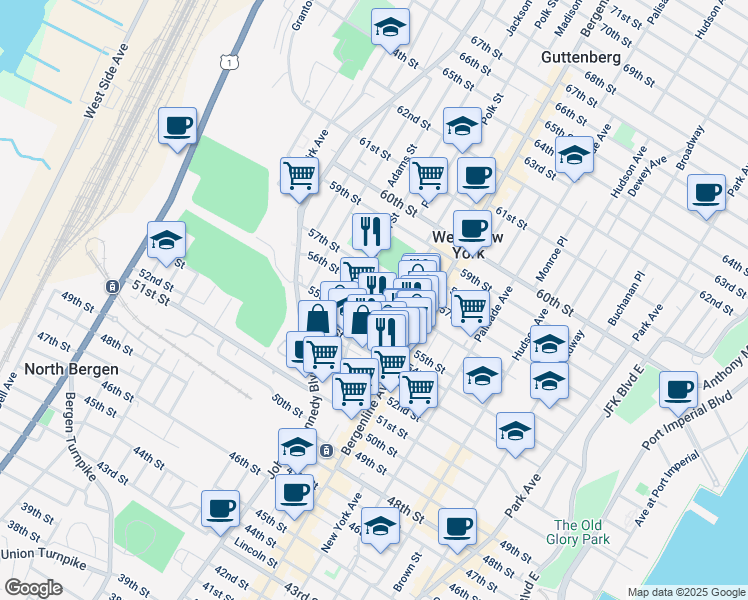 map of restaurants, bars, coffee shops, grocery stores, and more near 556 55th Street in West New York