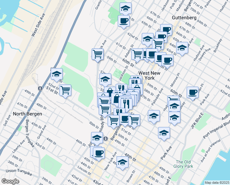 map of restaurants, bars, coffee shops, grocery stores, and more near 556 55th Street in West New York