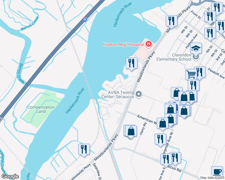 map of restaurants, bars, coffee shops, grocery stores, and more near 450 Dunlin Plaza in Secaucus