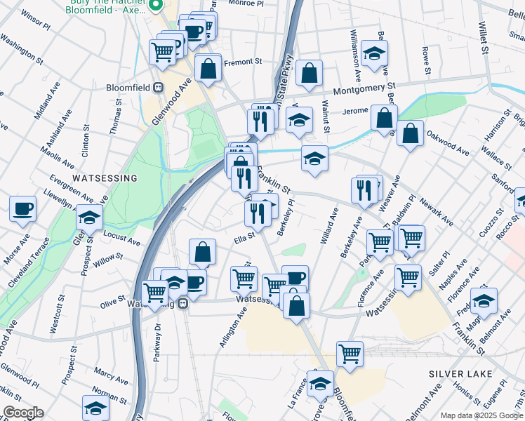map of restaurants, bars, coffee shops, grocery stores, and more near 351 Bloomfield Avenue in Bloomfield