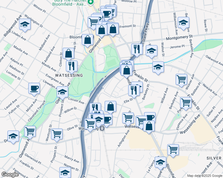 map of restaurants, bars, coffee shops, grocery stores, and more near 104 Orange Street in Bloomfield