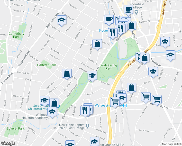map of restaurants, bars, coffee shops, grocery stores, and more near 114 Glenwood Avenue in Bloomfield