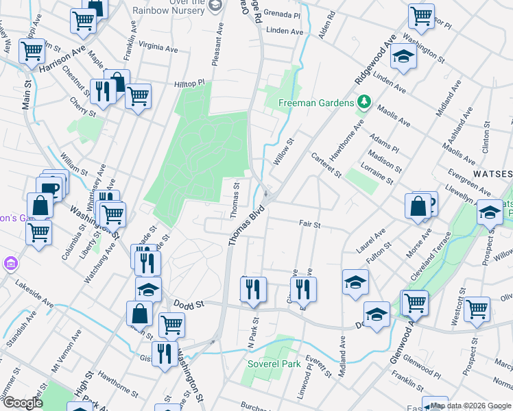 map of restaurants, bars, coffee shops, grocery stores, and more near 592 Thomas Boulevard in East Orange