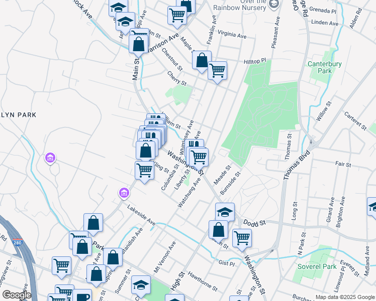 map of restaurants, bars, coffee shops, grocery stores, and more near 61 Washington Street in West Orange