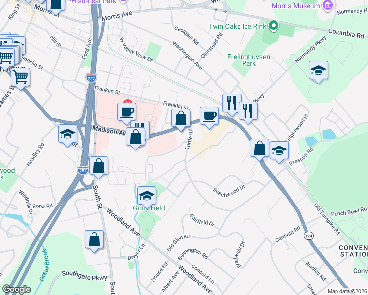 map of restaurants, bars, coffee shops, grocery stores, and more near 10 J Dorado Drive in Morristown
