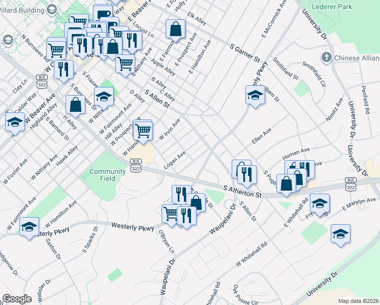 map of restaurants, bars, coffee shops, grocery stores, and more near 220 Logan Avenue in State College