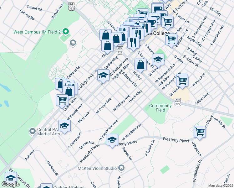 map of restaurants, bars, coffee shops, grocery stores, and more near 325 South Sparks Street in State College