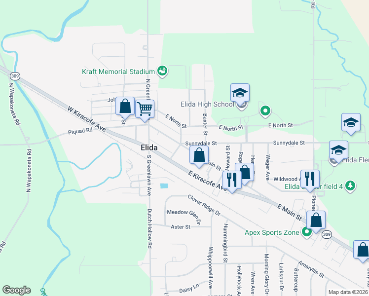 map of restaurants, bars, coffee shops, grocery stores, and more near 203 East Kiracofe Avenue in Elida