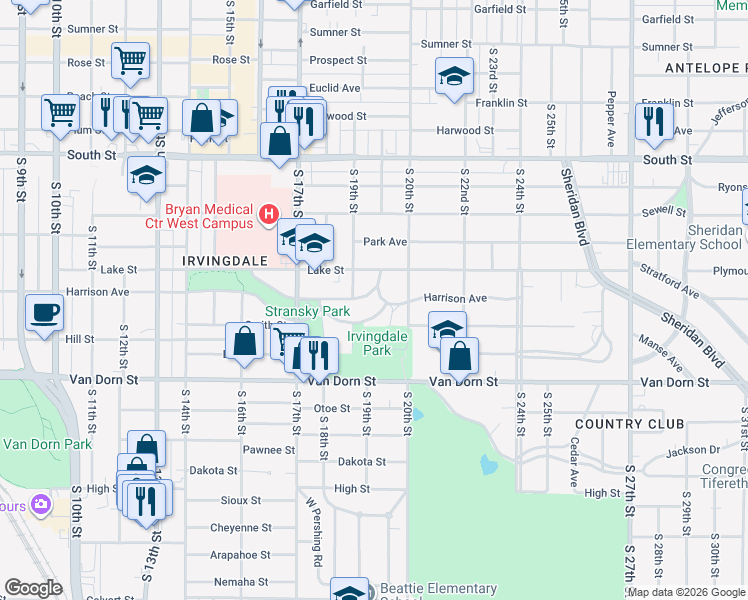 map of restaurants, bars, coffee shops, grocery stores, and more near 2623 Worthington Avenue in Lincoln