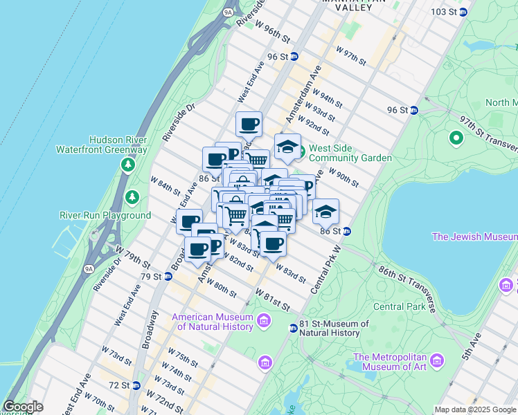 map of restaurants, bars, coffee shops, grocery stores, and more near 156 West 86th Street in New York