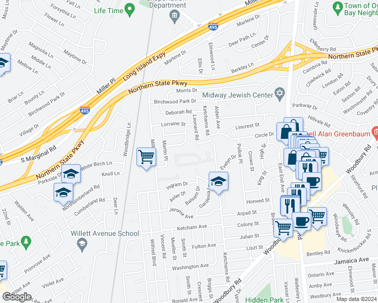 map of restaurants, bars, coffee shops, grocery stores, and more near 17 Princeton Drive in Syosset