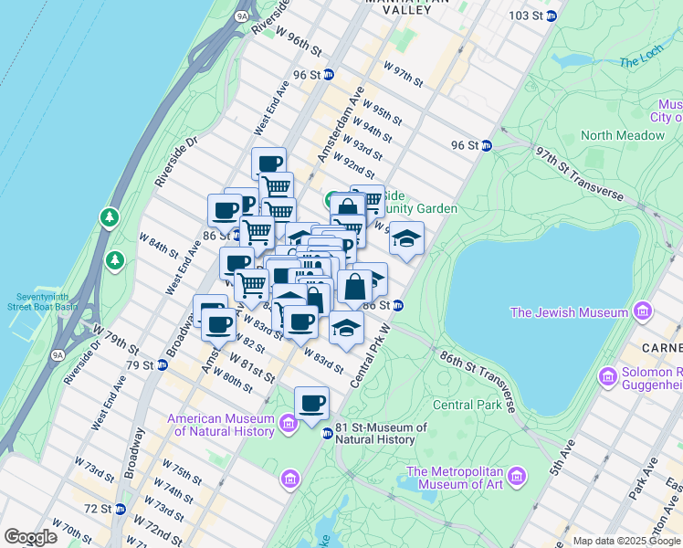 map of restaurants, bars, coffee shops, grocery stores, and more near 77 West 87th Street in New York