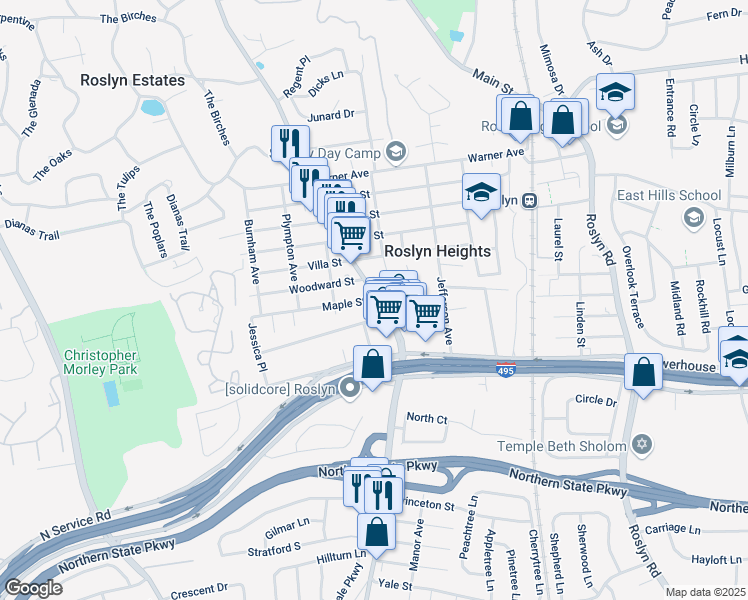 map of restaurants, bars, coffee shops, grocery stores, and more near 104 Maple Street in Roslyn Heights