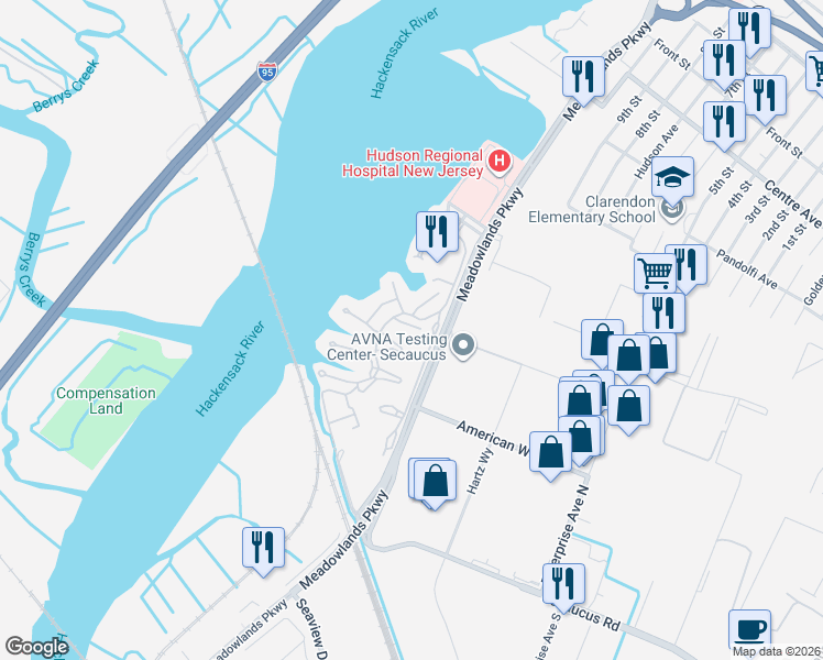 map of restaurants, bars, coffee shops, grocery stores, and more near 389 Whimbrel Lane in Secaucus