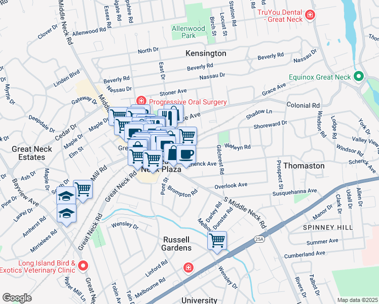 map of restaurants, bars, coffee shops, grocery stores, and more near 15 Schenck Avenue in Great Neck