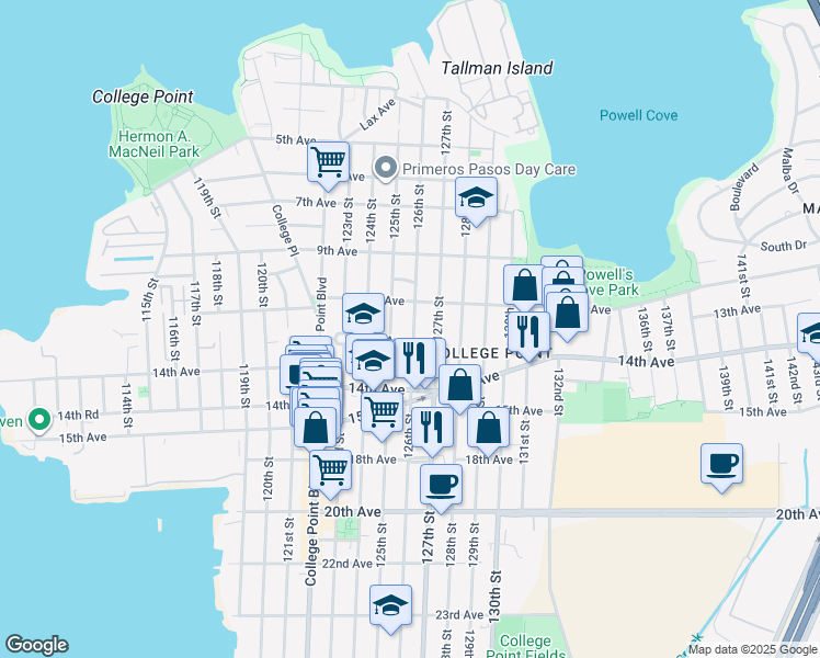 map of restaurants, bars, coffee shops, grocery stores, and more near 1303 126th Street in Queens