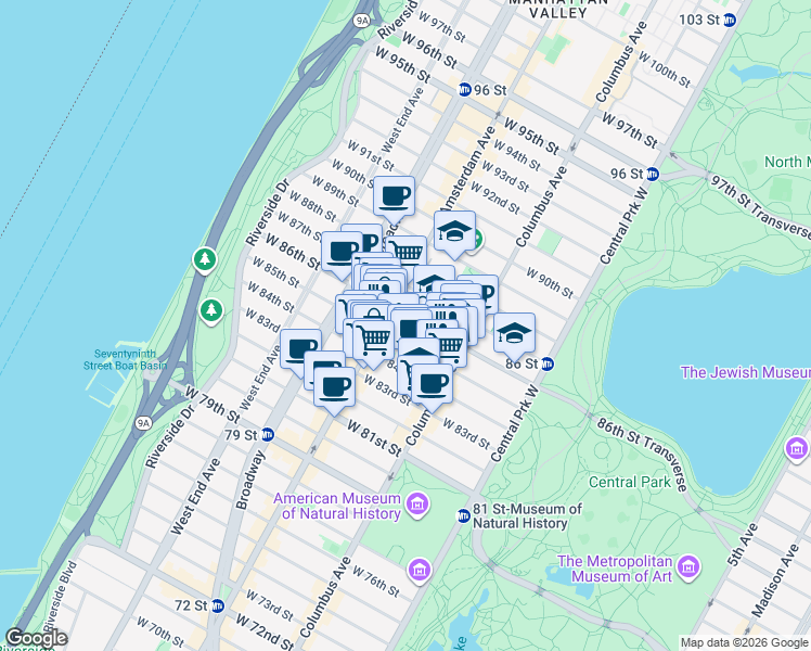 map of restaurants, bars, coffee shops, grocery stores, and more near 160 West 86th Street in New York