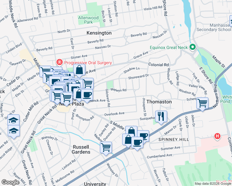 map of restaurants, bars, coffee shops, grocery stores, and more near 150 Schenck Avenue in Great Neck