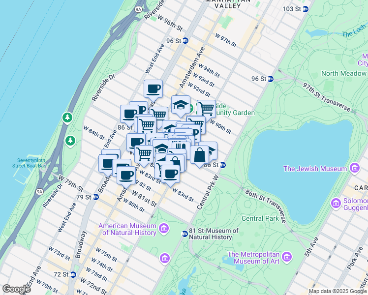 map of restaurants, bars, coffee shops, grocery stores, and more near 102 West 85th Street in New York